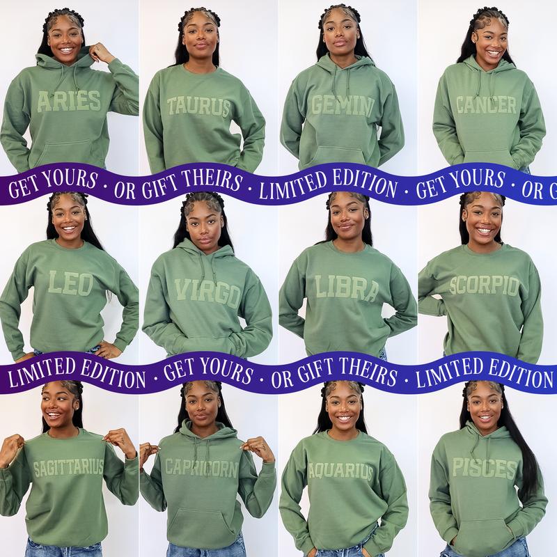 Olive Green Zodiac Puff Print Top Unisex (Black Friday Exclusive) Astrology Sweatshirt or Hoodie