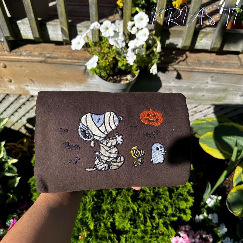 Spooky Season Mummy Dog & Ghosts Embroidered Sweatshirt, Cute Halloween Crewneck, Vintage Fall Embroidery Shirt Hoodie, Cozy October Trick Or Treat Sweater, Ghostcore Cottagecore Outfit, Funny Pumpkin Bat Shirt, Embroidered Ghost Lover Pullover