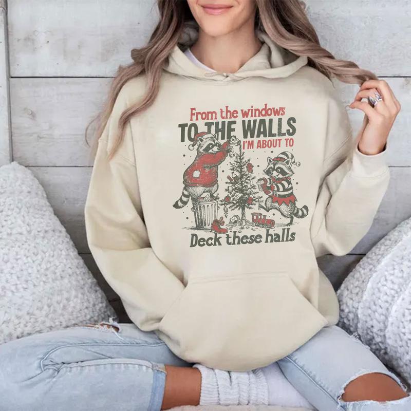 Funny Christmas Graphic Shirt, Im About To Deck These Halls Sweatshirt, Funny Raccoon Xmas Sweater, Humorous holiday T-shirt, Retro Christmas Shirt