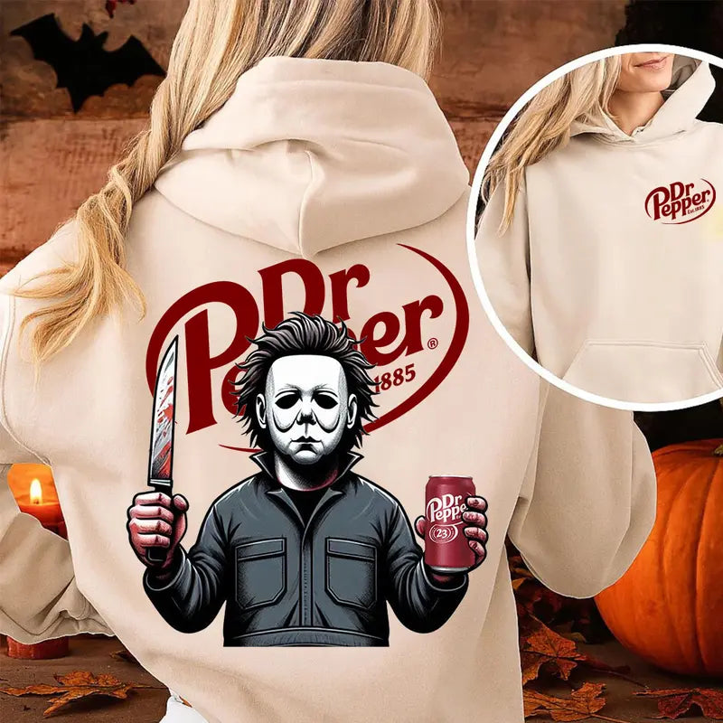 Spooky Dr Pepper Horror Halloween Double Sided Unisex Hoodie ,Dr Pepper Halloween Hoodie - Casual Top with Graphic Design, Available in Various Colors - Menswear, Tops Unisex Womenswear Cotton Fabric