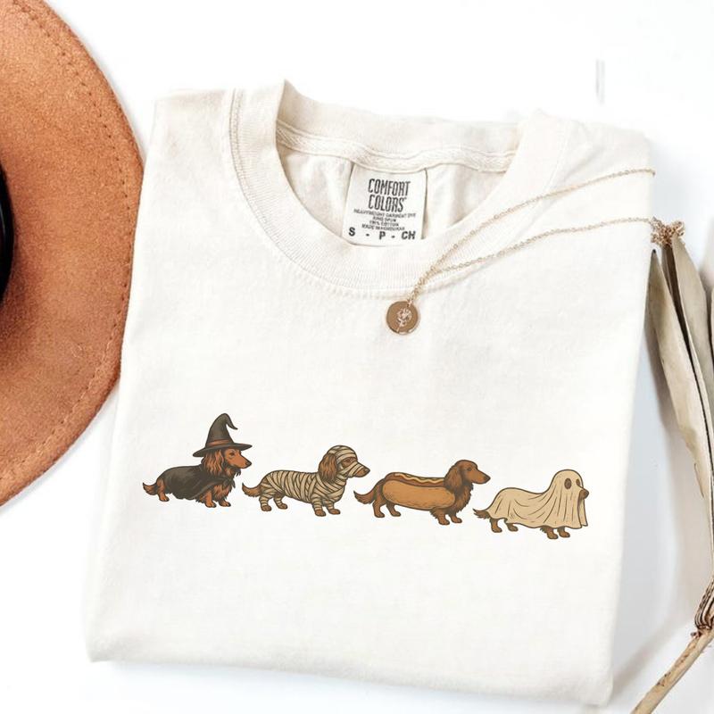 Comfort Colors Vintage Art Style Dachshund T-Shirt, Halloween Costume Tee, Gift for Weenie Dog Owners Unisex Garment-Dyed Doxie Halloween