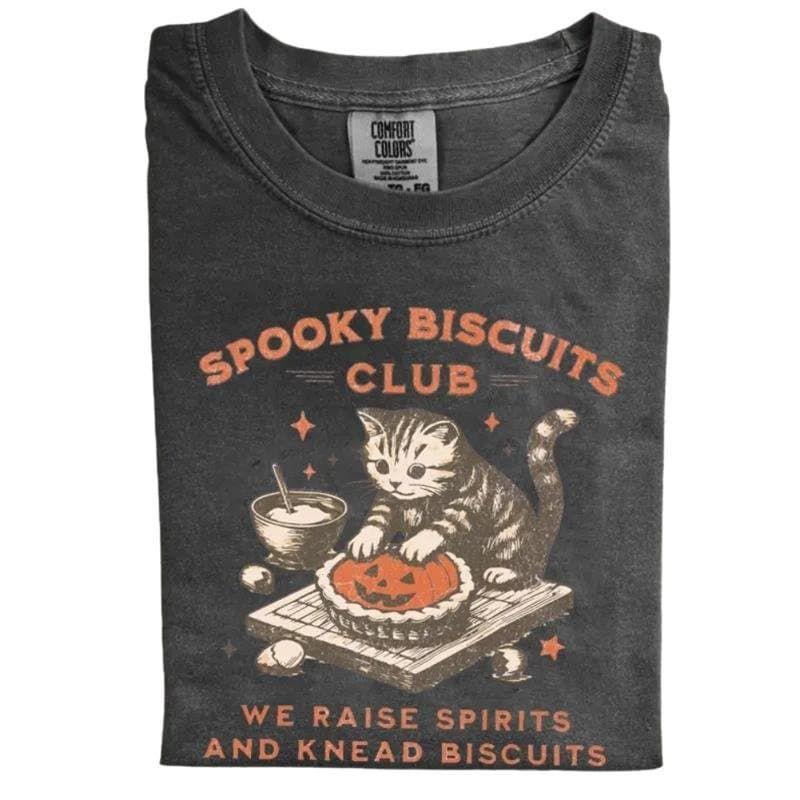 Comfort Colors Spooky Biscuits Club Shirt, Halloween Cat T-Shirt, Pumpkin Pie Tee, Spooky Cat Shirt, Halloween Baking T-Shirt, Gift for Men Women, Crew Neck T-shirt, Trending T-shirt