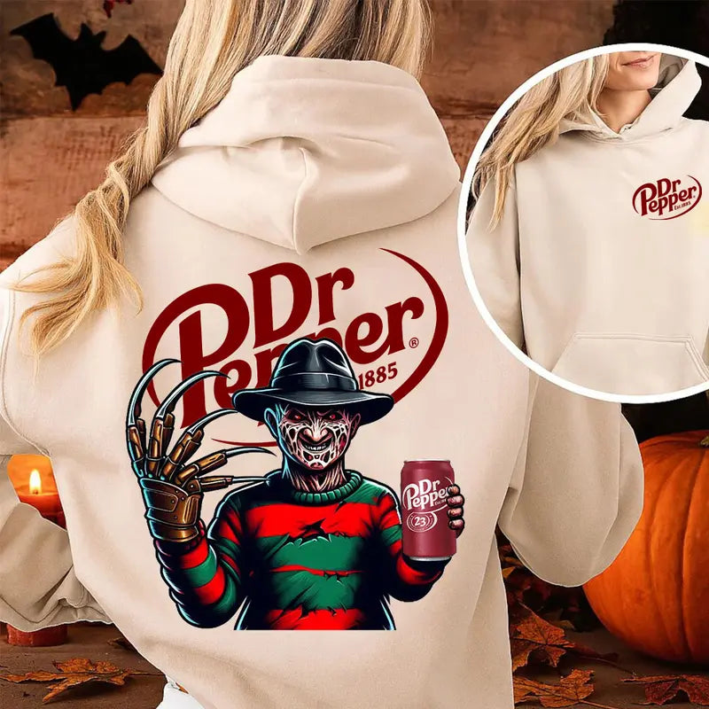 Spooky Dr Pepper Horror Halloween Double Sided Unisex Hoodie ,Dr Pepper Halloween Hoodie - Casual Top with Graphic Design, Available in Various Colors - Menswear, Tops Unisex Womenswear Cotton Fabric