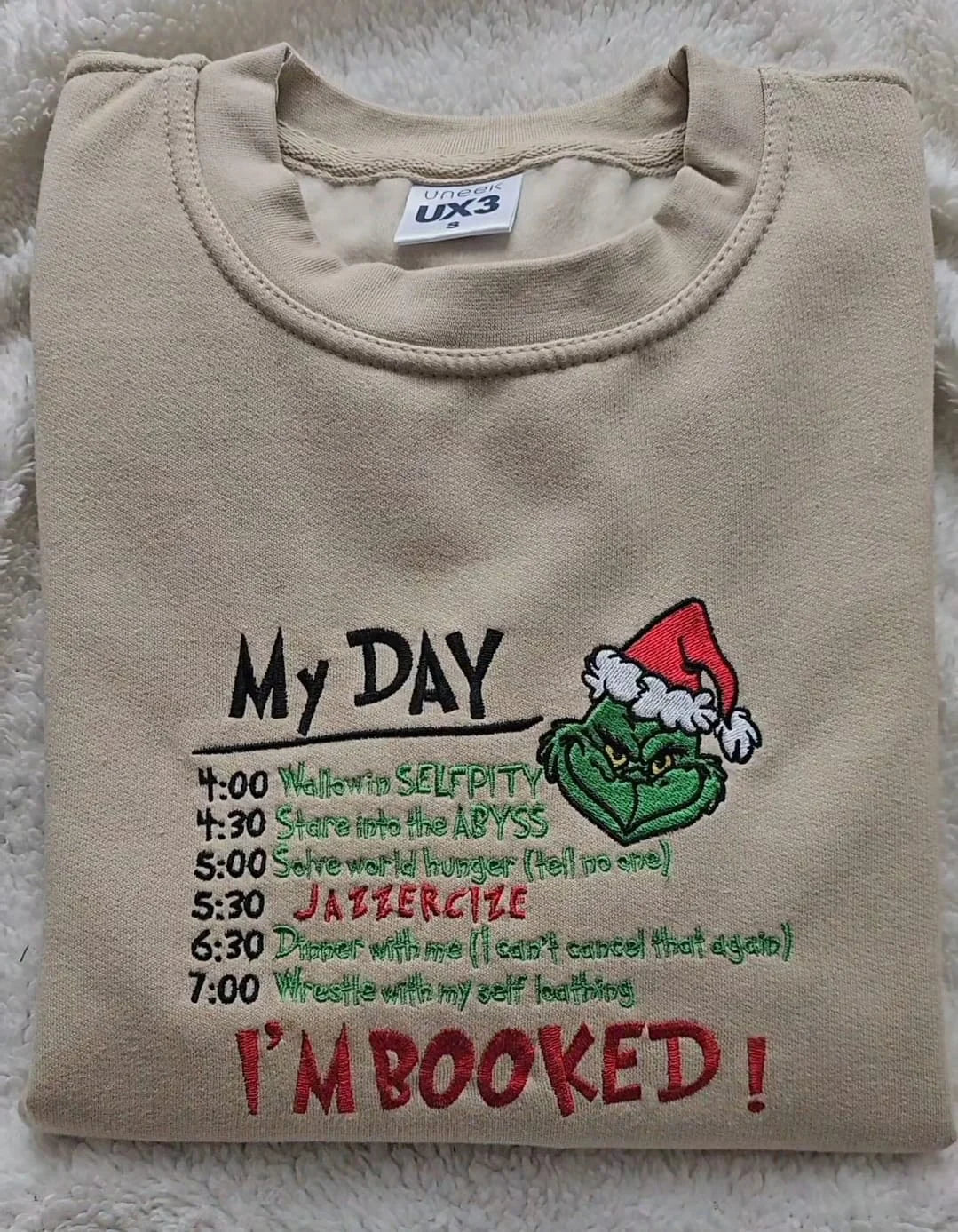 Christmas “I’m Booked” Grinch Embroidered Sweatshirt, Funny My Day Schedule Holiday Sweater, Cozy Winter Hoodie for Grinch Lovers, Festive Embroidery Gift Top