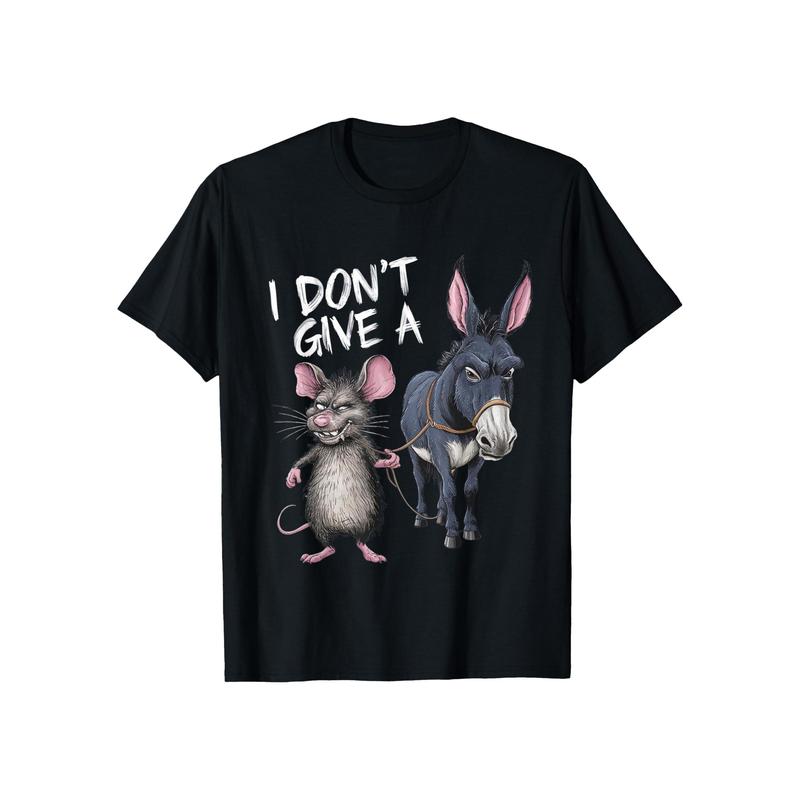 Men's Funny "I Don't Care" Mouse and Donkey Graphic T-Shirt, Machine Washable Humor Design
