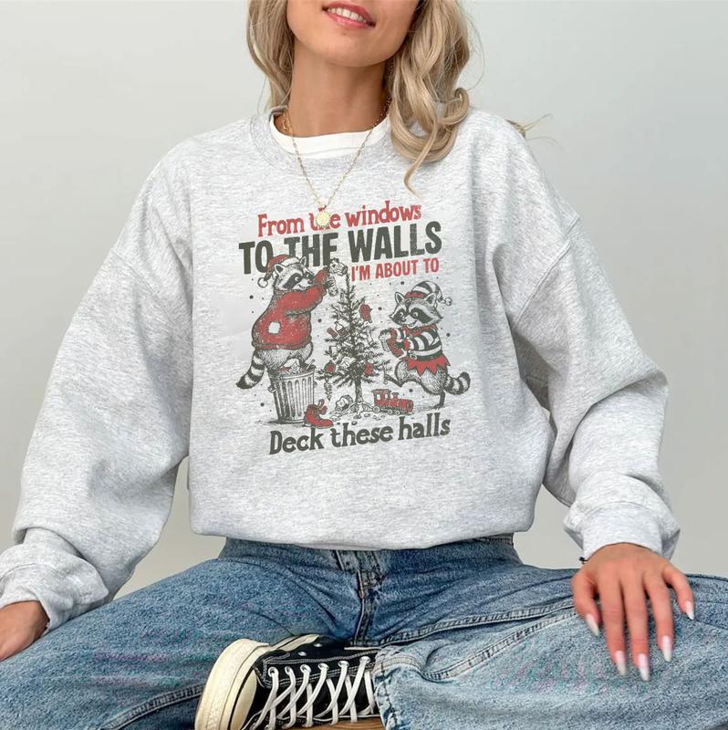 Funny Christmas Graphic Shirt, Im About To Deck These Halls Sweatshirt, Funny Raccoon Xmas Sweater, Humorous holiday T-shirt, Retro Christmas Shirt
