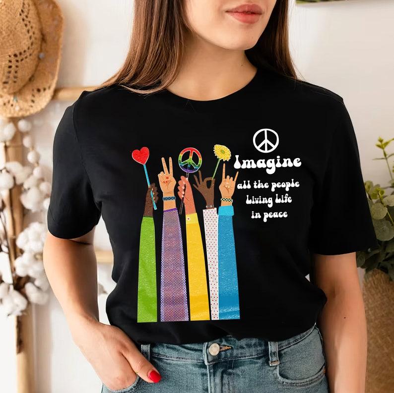 Imagine All The People Living Life In Peace, Beatles Song Lyrics Shirt, John Lennon Music, Hippie Life, Gift For Friend
