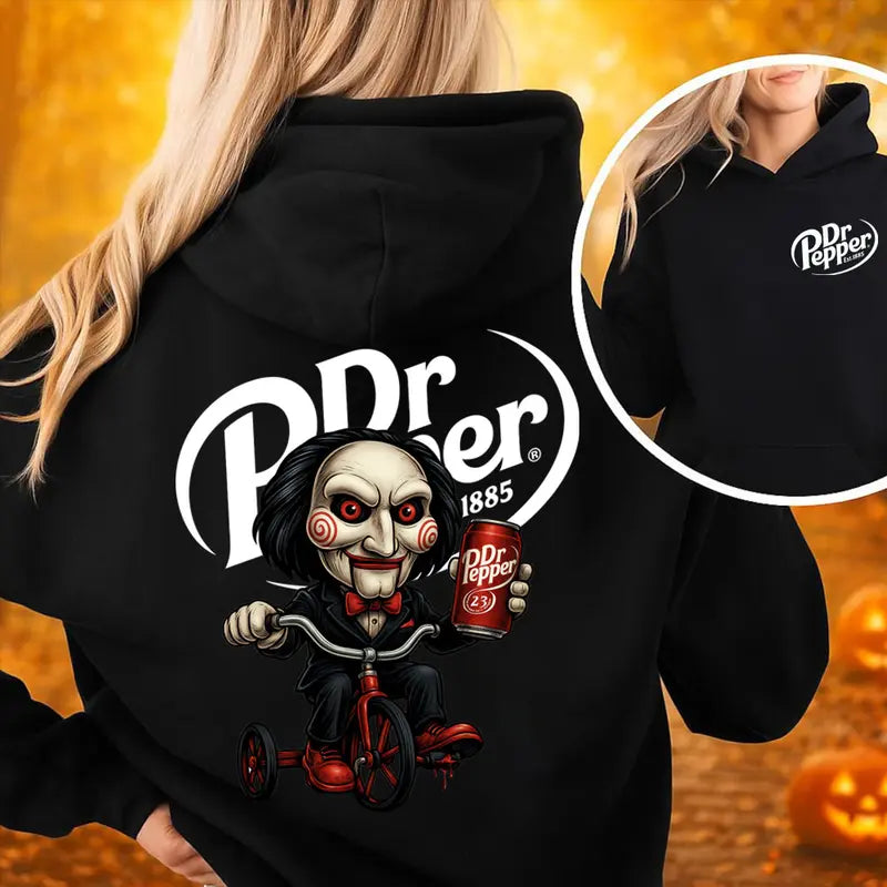 Spooky Dr Pepper Horror Halloween Double Sided Unisex Hoodie ,Dr Pepper Halloween Hoodie - Casual Top with Graphic Design, Available in Various Colors - Menswear, Tops Unisex Womenswear Cotton Fabric