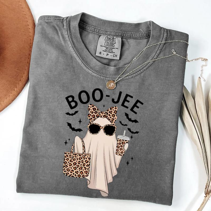 Comfort Colors Boo-Jee Ghost T-Shirt, Leopard Ghost Graphic Tee, Ghost Coffee Shirt, Funny Fall Top, Girly Halloween Gift