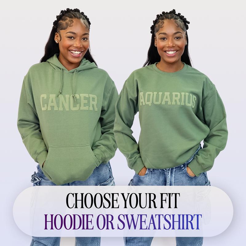 Olive Green Zodiac Puff Print Top Unisex (Black Friday Exclusive) Astrology Sweatshirt or Hoodie