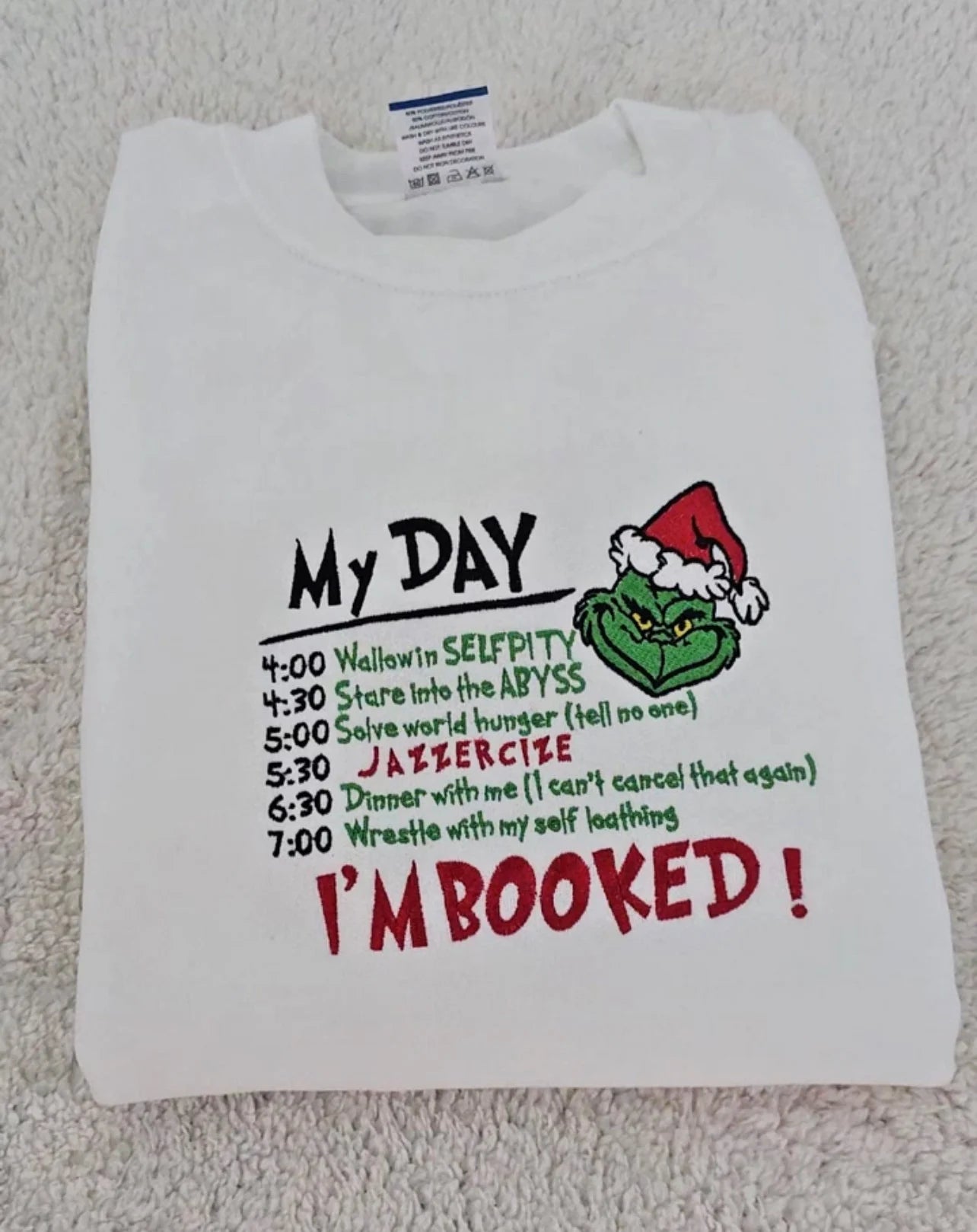 Christmas “I’m Booked” Grinch Embroidered Sweatshirt, Funny My Day Schedule Holiday Sweater, Cozy Winter Hoodie for Grinch Lovers, Festive Embroidery Gift Top