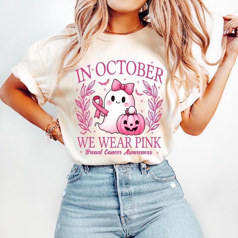 In October We Wear Pink Shirt, Retro Breast Cancer Awareness T-Shirt, Halloween Pink Ghost Sweatshirt, Breast Cancer Halloween Clothing Unisex