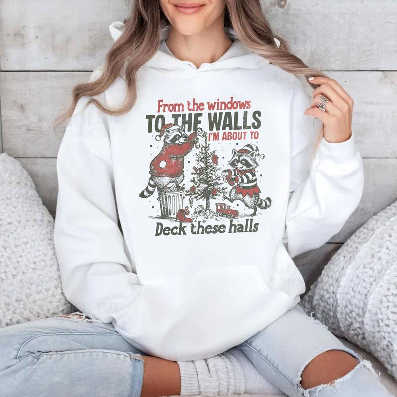 Funny Christmas Graphic Shirt, Im About To Deck These Halls Sweatshirt, Funny Raccoon Xmas Sweater, Humorous holiday T-shirt, Retro Christmas Shirt