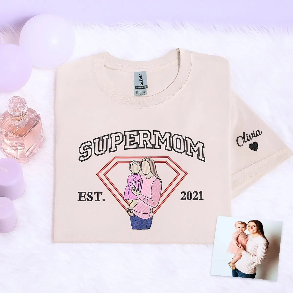 Personalized Super Mom Shirt with Embroidered Portrait from Photo, Mother's Day Gifts for Wife