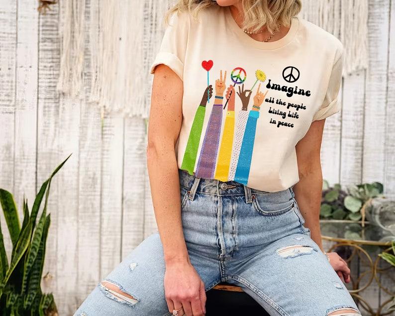 Imagine All The People Living Life In Peace, Beatles Song Lyrics Shirt, John Lennon Music, Hippie Life, Gift For Friend
