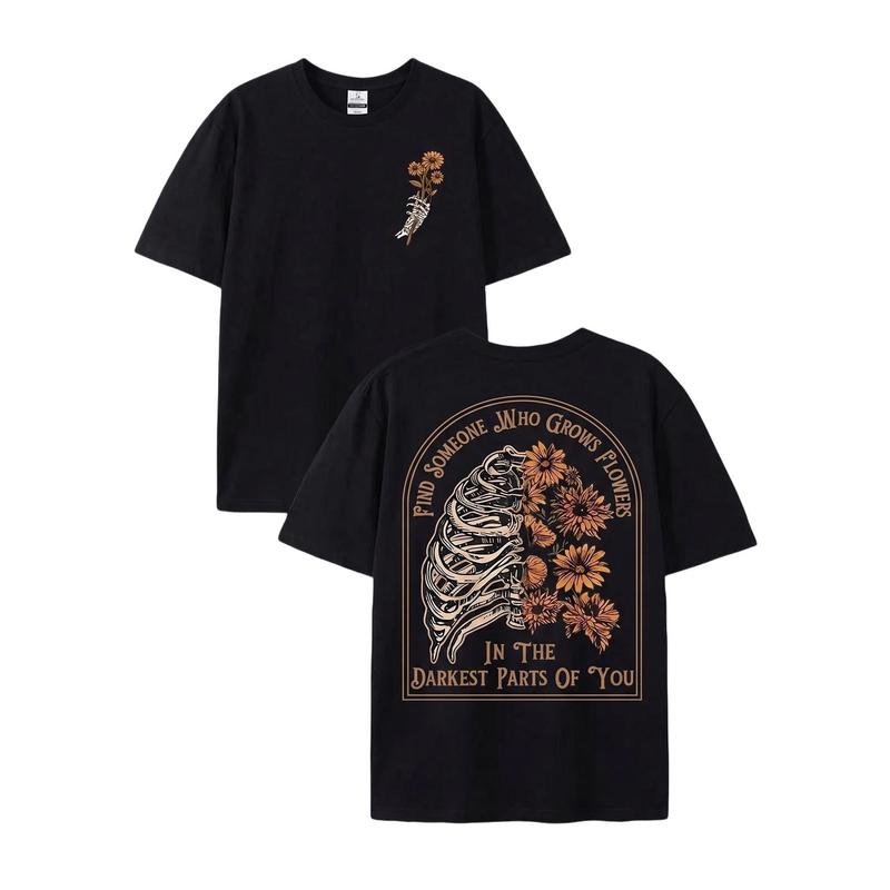Skeleton Sunflower Graphic T-Shirt/Sweatshirt/Hoodie – Vintage Gothic Floral Front & Back Tee