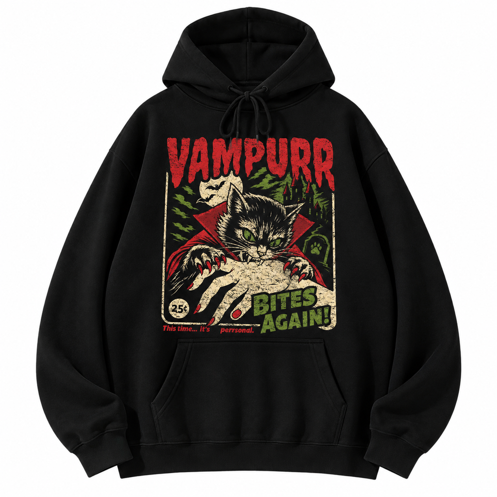 🧛‍Vampurr Bites Again T-Shirt/Sweatshirt/Hoodie – Retro Vampire Cat Halloween Graphic Tee