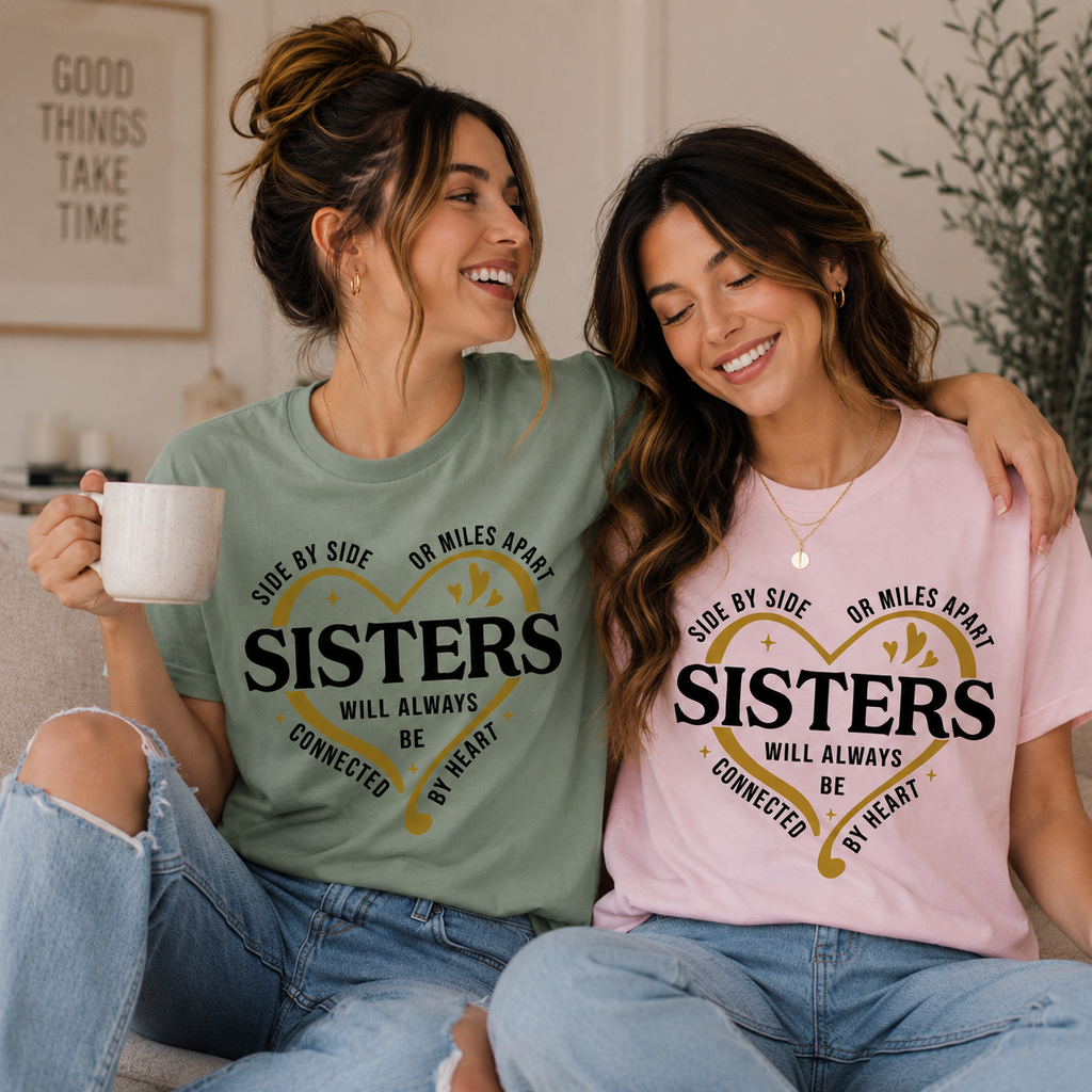 “Side by Side or Miles Apart” Sisters T-Shirt/Sweatshirt/Hoodie ❤️ – Connected by Heart Tee