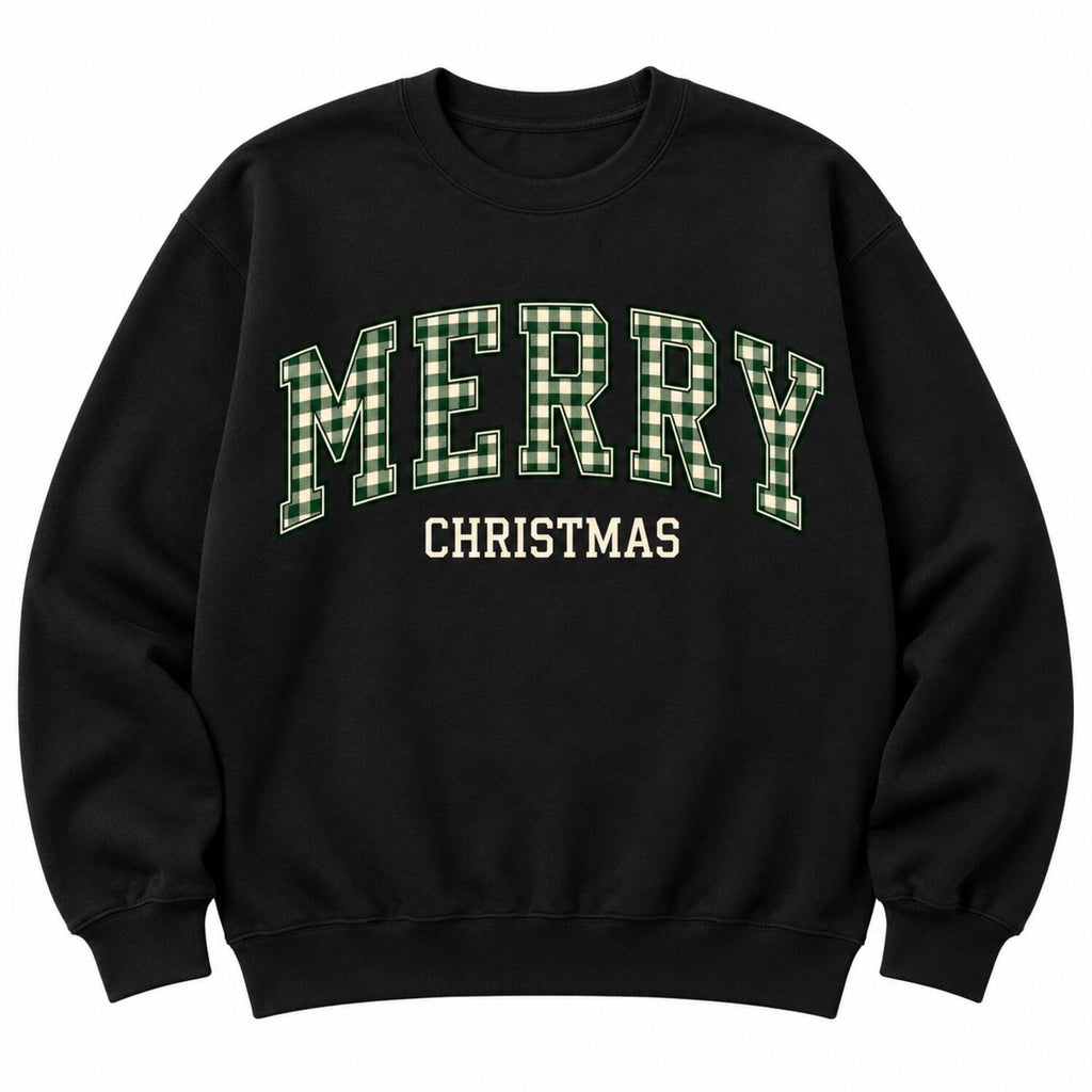 Merry Christmas Plaid Varsity Sweatshirt/Hoodie/T-Shirt – Vintage Green Oversized Holiday Crewneck