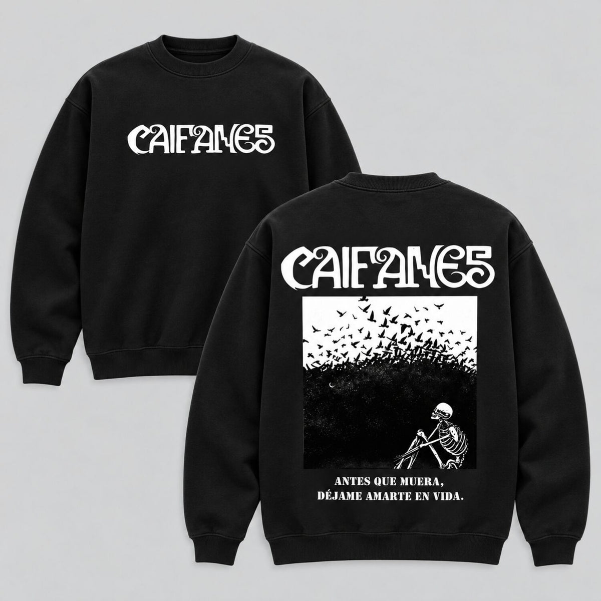 Caifanes Vintage Washed Graphic T-Shirt/Sweatshirt/Hoodie – Skeleton Birds Double-Sided Print, Mexican Rock Streetwear Tee
