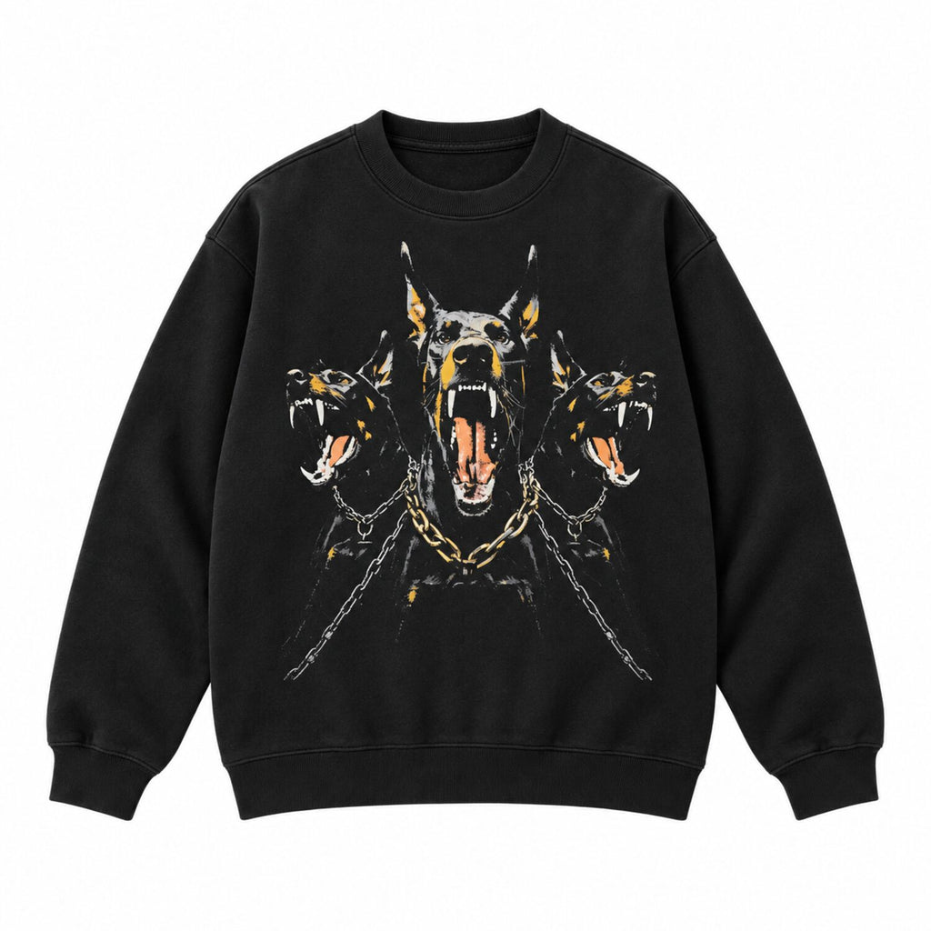 Vintage Washed Doberman Graphic Tee – Oversized Dark Streetwear T-Shirt/Sweatshirt/Hoodie with Distressed Chain Print
