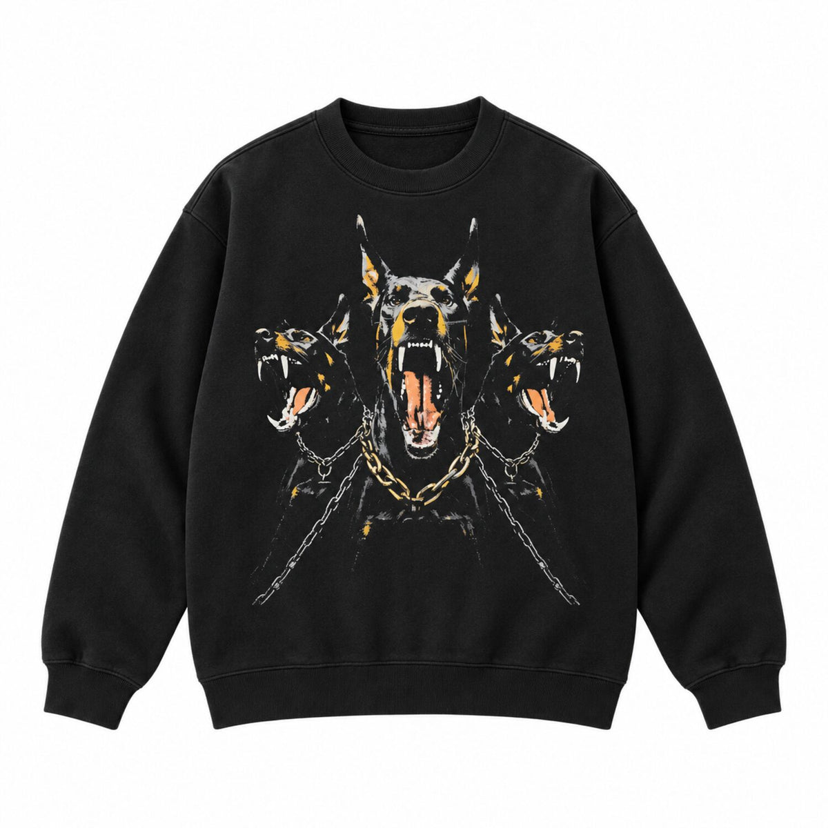 Vintage Washed Doberman Graphic Tee – Oversized Dark Streetwear T-Shirt/Sweatshirt/Hoodie with Distressed Chain Print