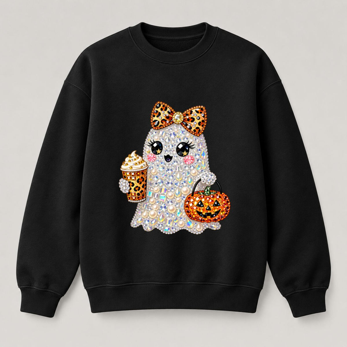 Coquette Ghost Halloween Rhinestone-Look Print T-Shirt/Sweatshirt/Hoodie – Cute Pearl Bow Pumpkin Coffee Graphic Tee