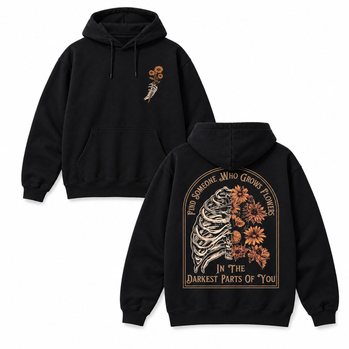 Skeleton Sunflower Graphic T-Shirt/Sweatshirt/Hoodie – Vintage Gothic Floral Front & Back Tee