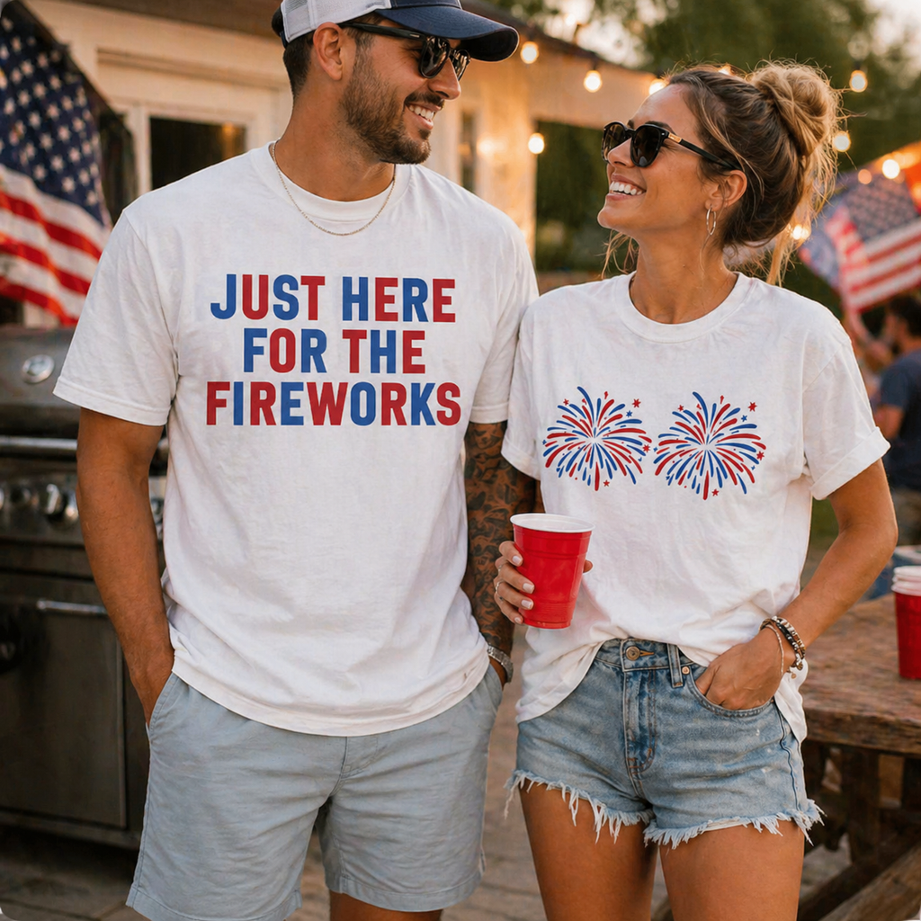 “Just Here for the Fireworks” Couple Shirts/Sweatshirt/Hoodie – 4th of July Matching Tees