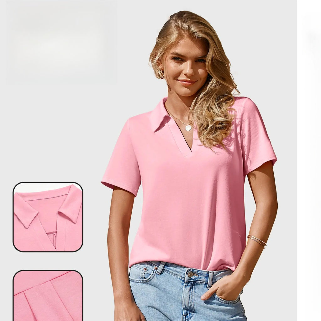 Women's Minimalist V-Neck Polo Top – Elegant Casual Shirt for Everyday Style