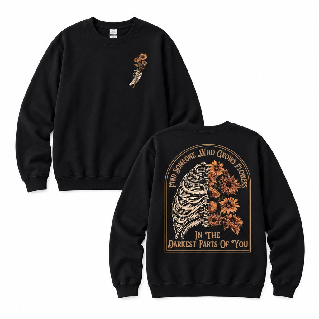 Skeleton Sunflower Graphic T-Shirt/Sweatshirt/Hoodie – Vintage Gothic Floral Front & Back Tee