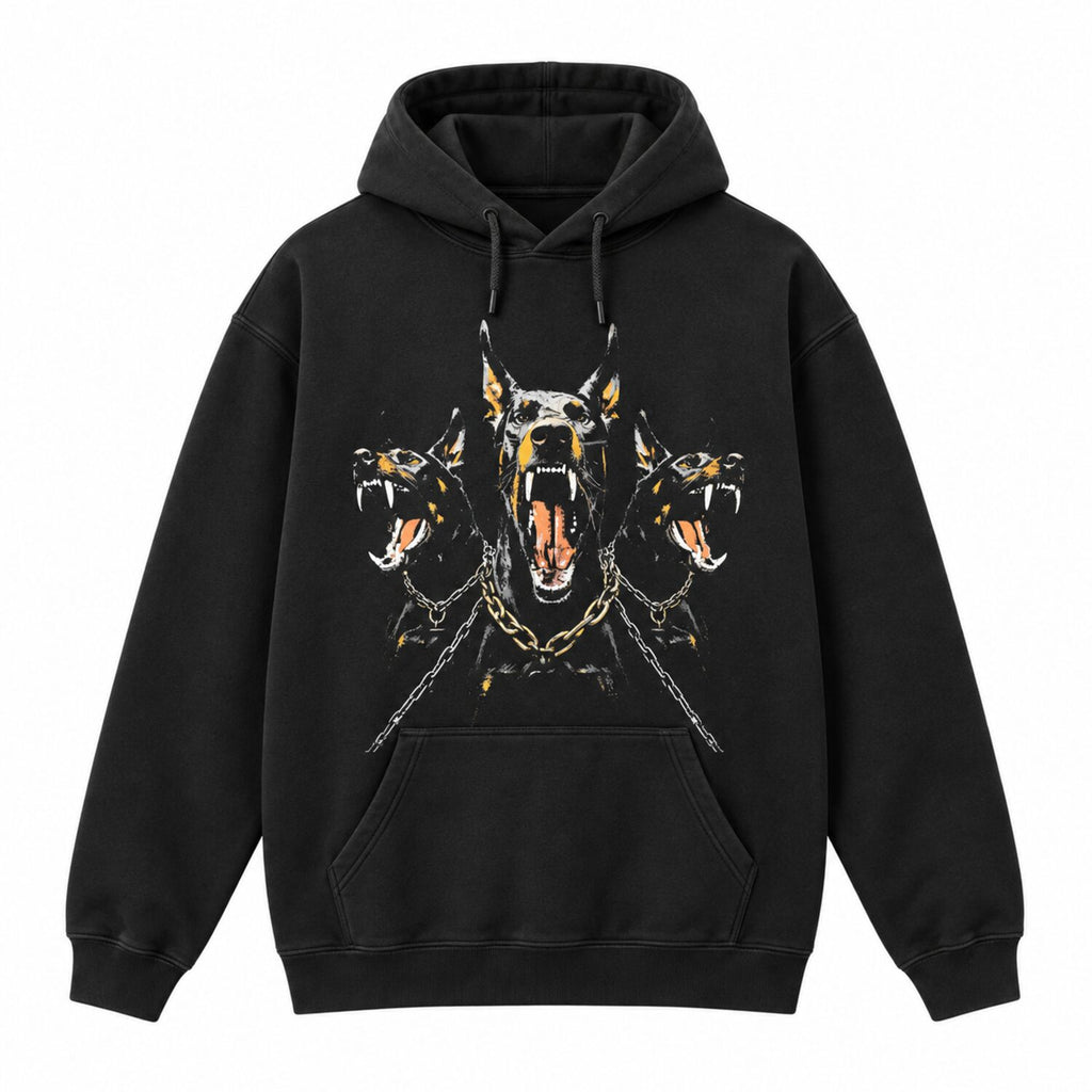 Vintage Washed Doberman Graphic Tee – Oversized Dark Streetwear T-Shirt/Sweatshirt/Hoodie with Distressed Chain Print