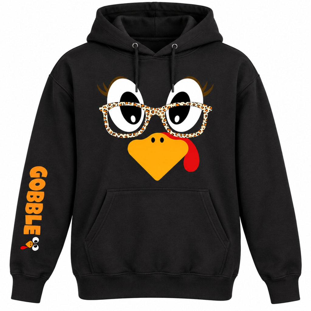 Funny Thanksgiving Turkey Sweatshirt/Hoodie – Leopard Glasses Gobble Graphic Crewneck, Cute Fall Pullover