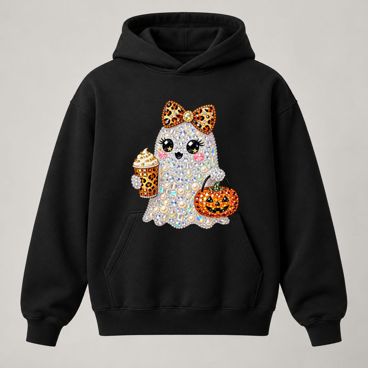 Coquette Ghost Halloween Rhinestone-Look Print T-Shirt/Sweatshirt/Hoodie – Cute Pearl Bow Pumpkin Coffee Graphic Tee