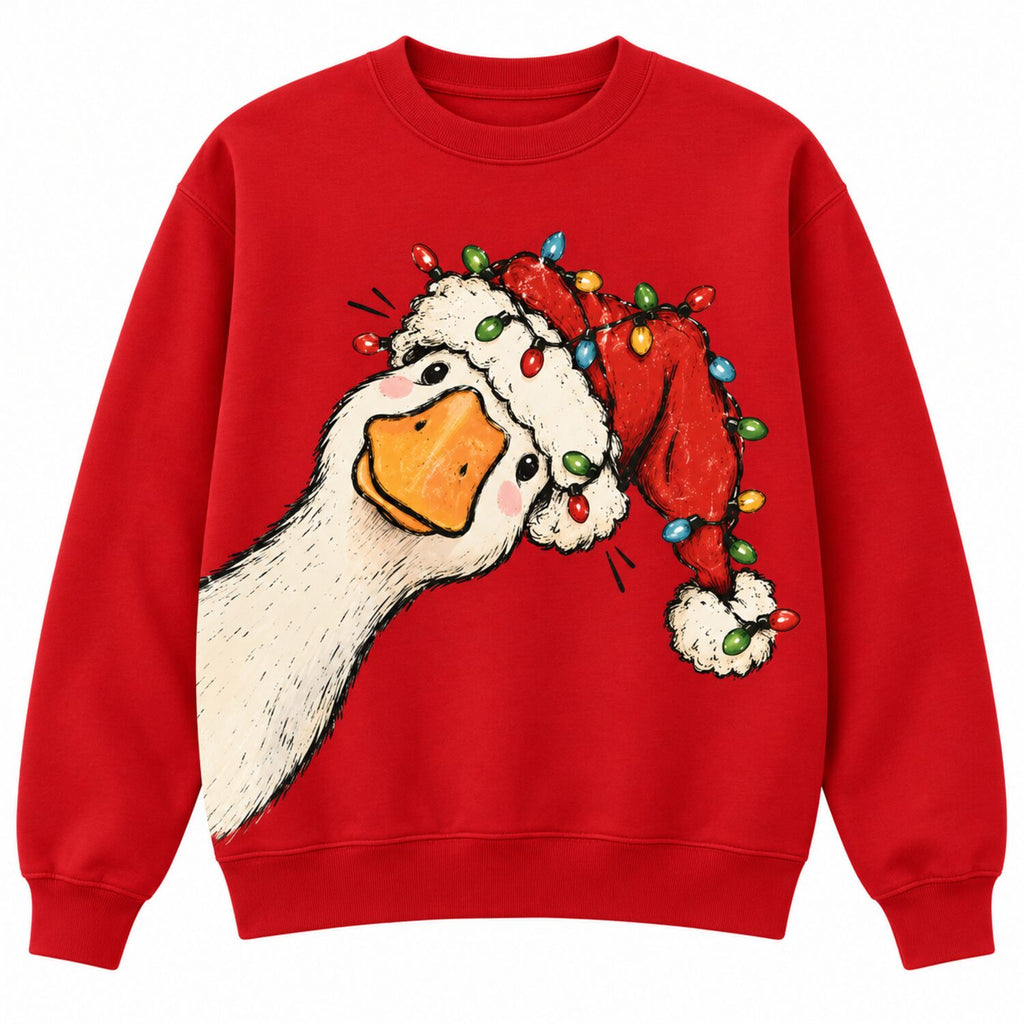 Funny Christmas Goose Sweatshirt/Hoodie/T-Shirt – Cute Santa Hat & Holiday Lights Graphic Crewneck, Festive Green Pullover for Women