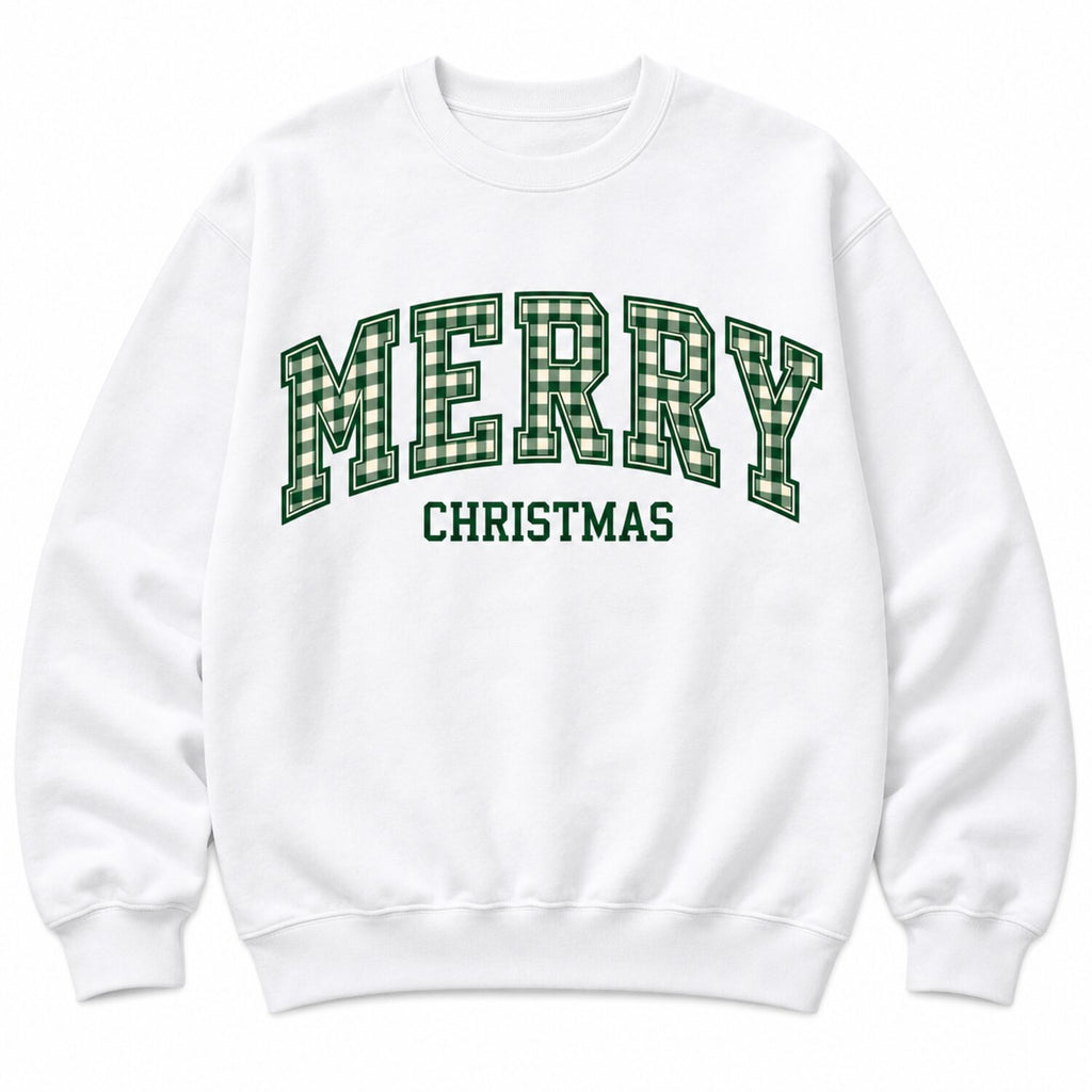 Merry Christmas Plaid Varsity Sweatshirt/Hoodie/T-Shirt – Vintage Green Oversized Holiday Crewneck