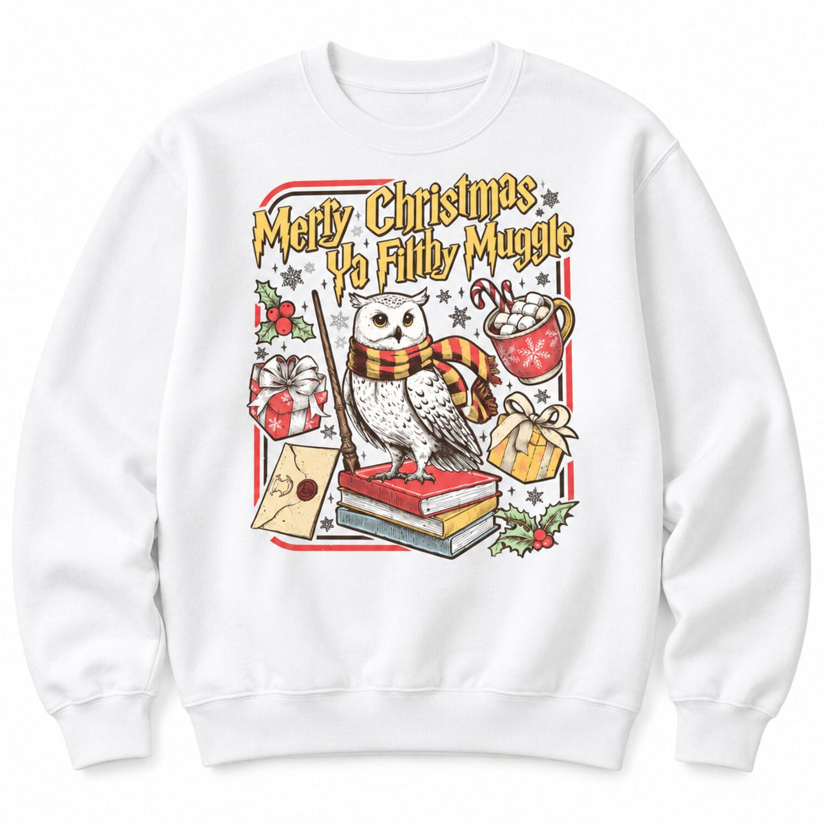 Merry Christmas Ya Filthy Muggle Sweatshirt/Hoodie/T-Shirt – Vintage Wizard Owl Holiday Crewneck