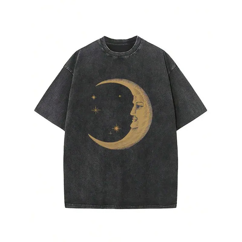🌙 Celestial Moon Graphic Tee - Vintage Washed T-Shirt