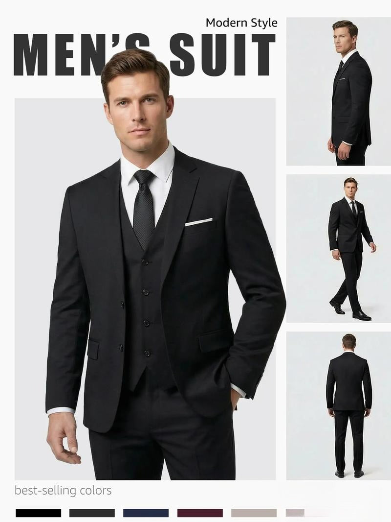 Men's Classic 3-Piece Suit Set – Slim Fit Blazer, Vest & Dress Pants for Weddings & Business（Tie Not Included）