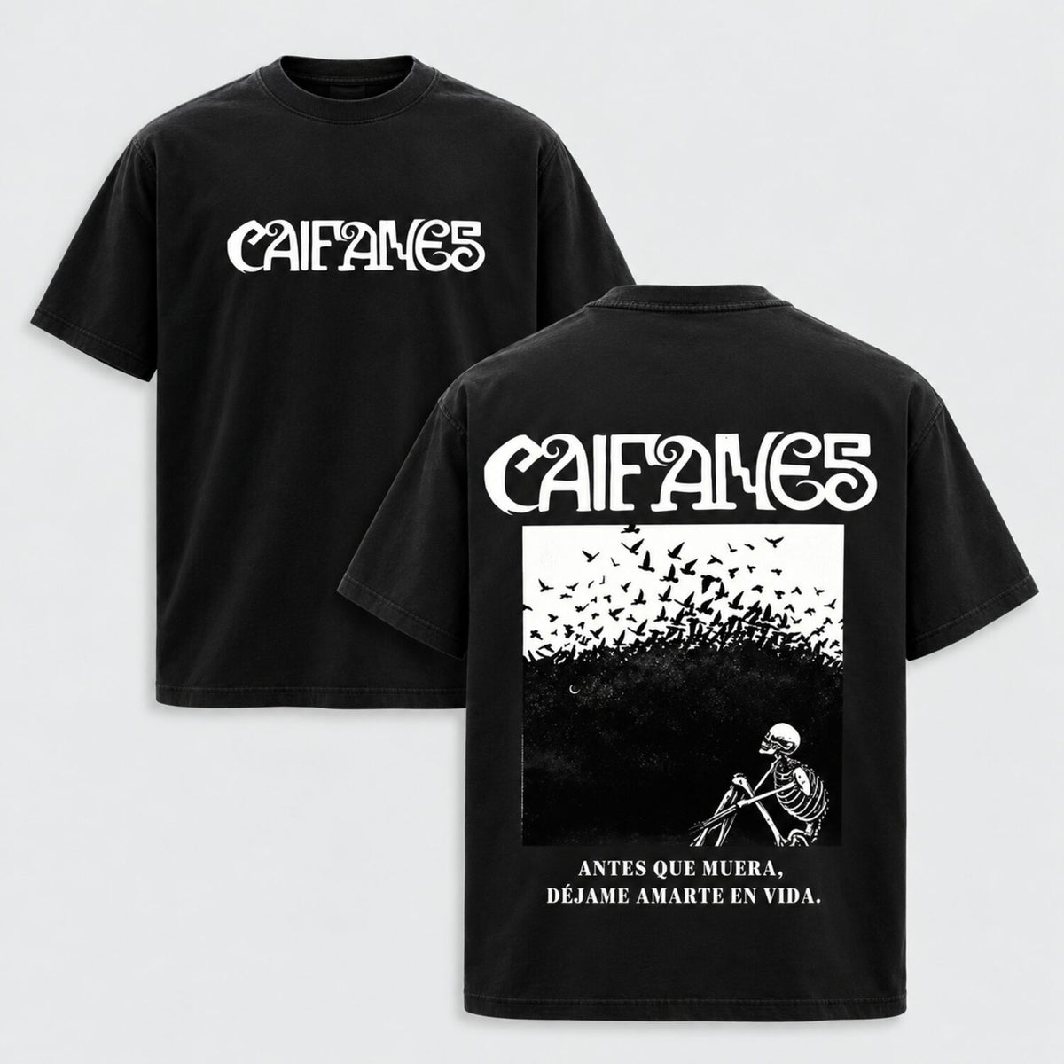 Caifanes Vintage Washed Graphic T-Shirt/Sweatshirt/Hoodie – Skeleton Birds Double-Sided Print, Mexican Rock Streetwear Tee