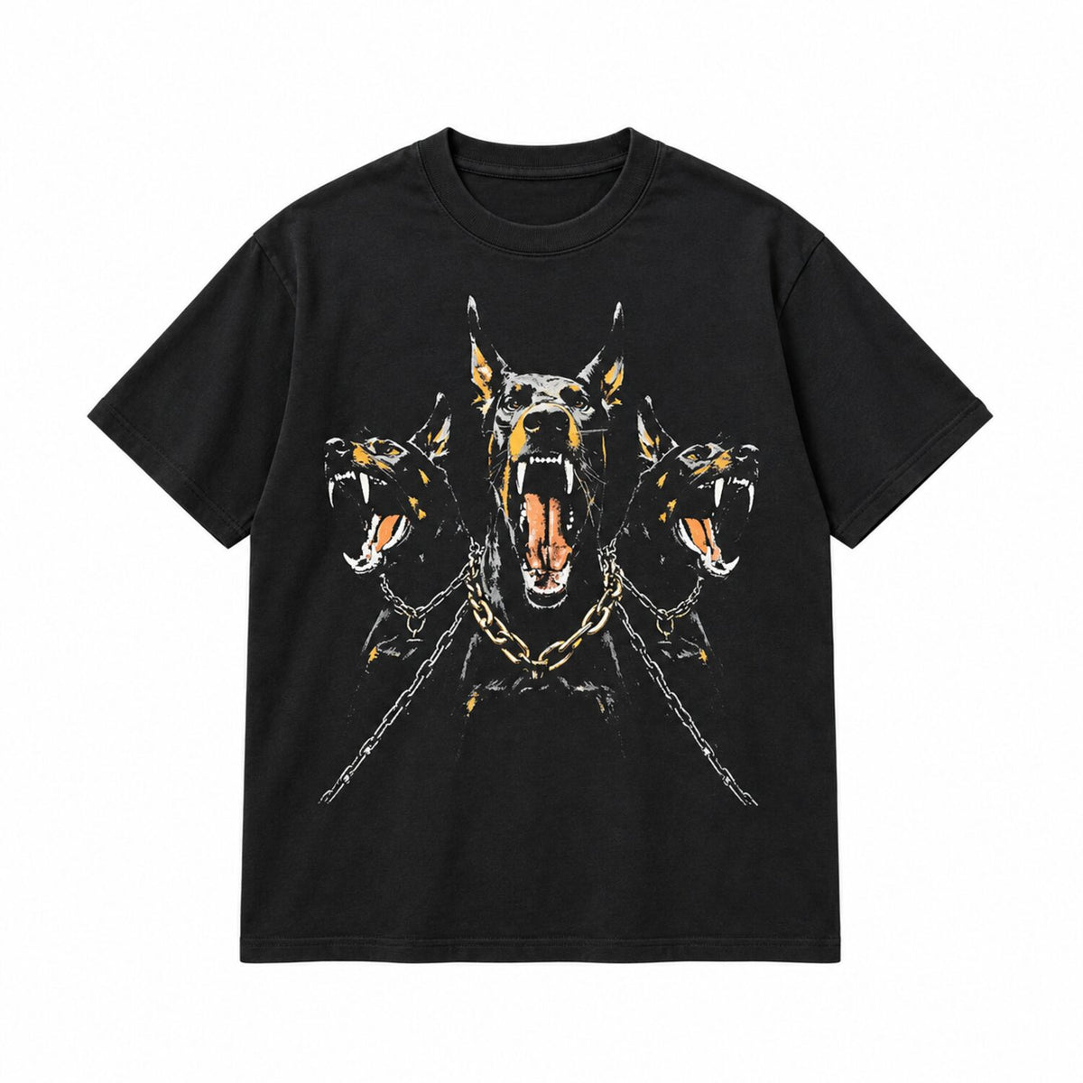 Vintage Washed Doberman Graphic Tee – Oversized Dark Streetwear T-Shirt/Sweatshirt/Hoodie with Distressed Chain Print