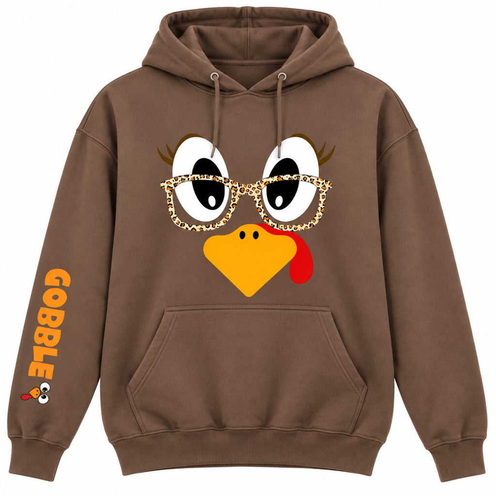 Funny Thanksgiving Turkey Sweatshirt/Hoodie – Leopard Glasses Gobble Graphic Crewneck, Cute Fall Pullover