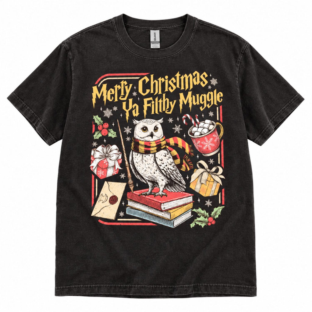 Merry Christmas Ya Filthy Muggle Sweatshirt/Hoodie/T-Shirt – Vintage Wizard Owl Holiday Crewneck