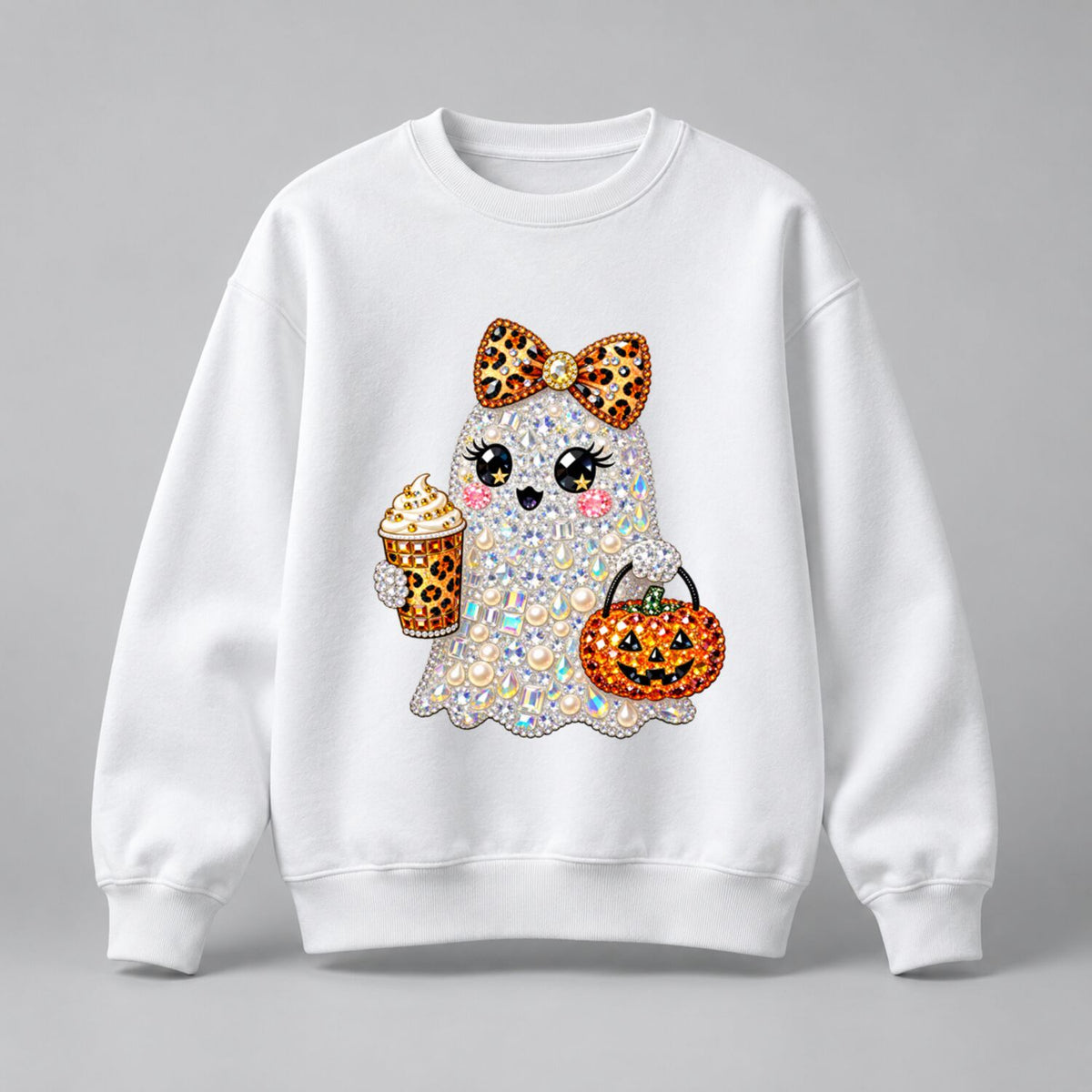 Coquette Ghost Halloween Rhinestone-Look Print T-Shirt/Sweatshirt/Hoodie – Cute Pearl Bow Pumpkin Coffee Graphic Tee