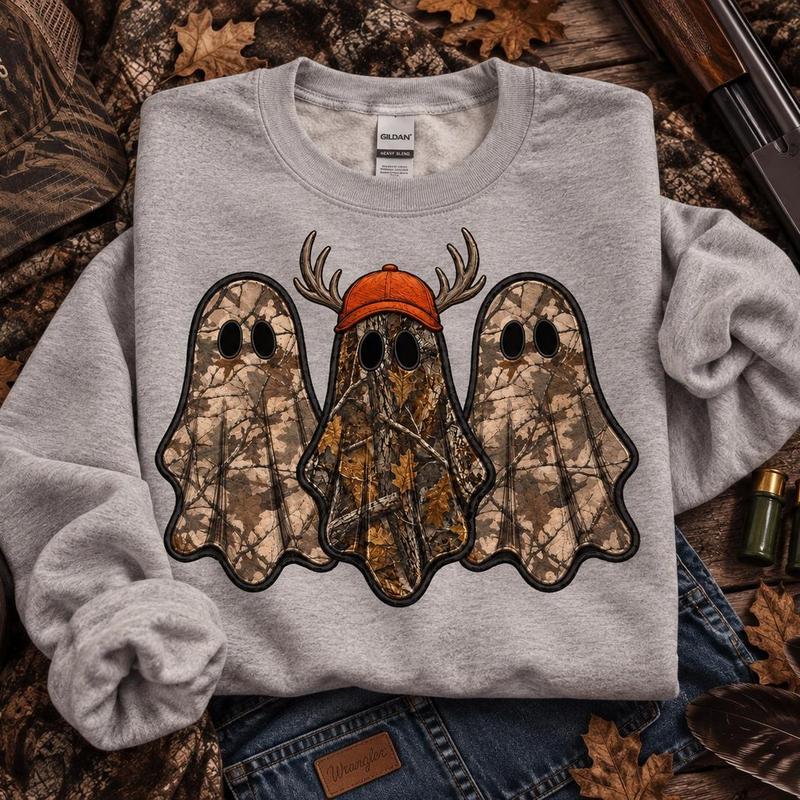 Camo Ghost Hunting Halloween Printed Sweatshirt/Hoodie/T-shirt – Vintage Hunting Season Graphic Crewneck