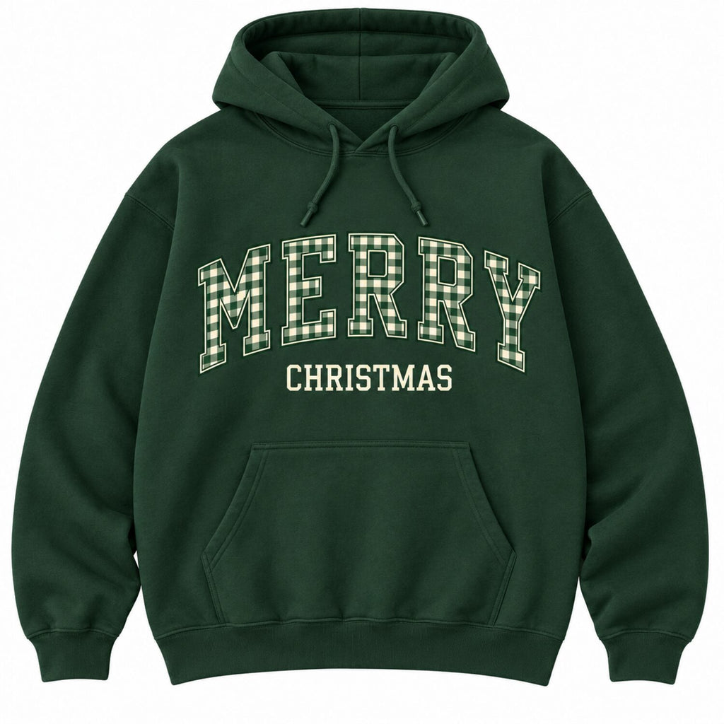 Merry Christmas Plaid Varsity Sweatshirt/Hoodie/T-Shirt – Vintage Green Oversized Holiday Crewneck
