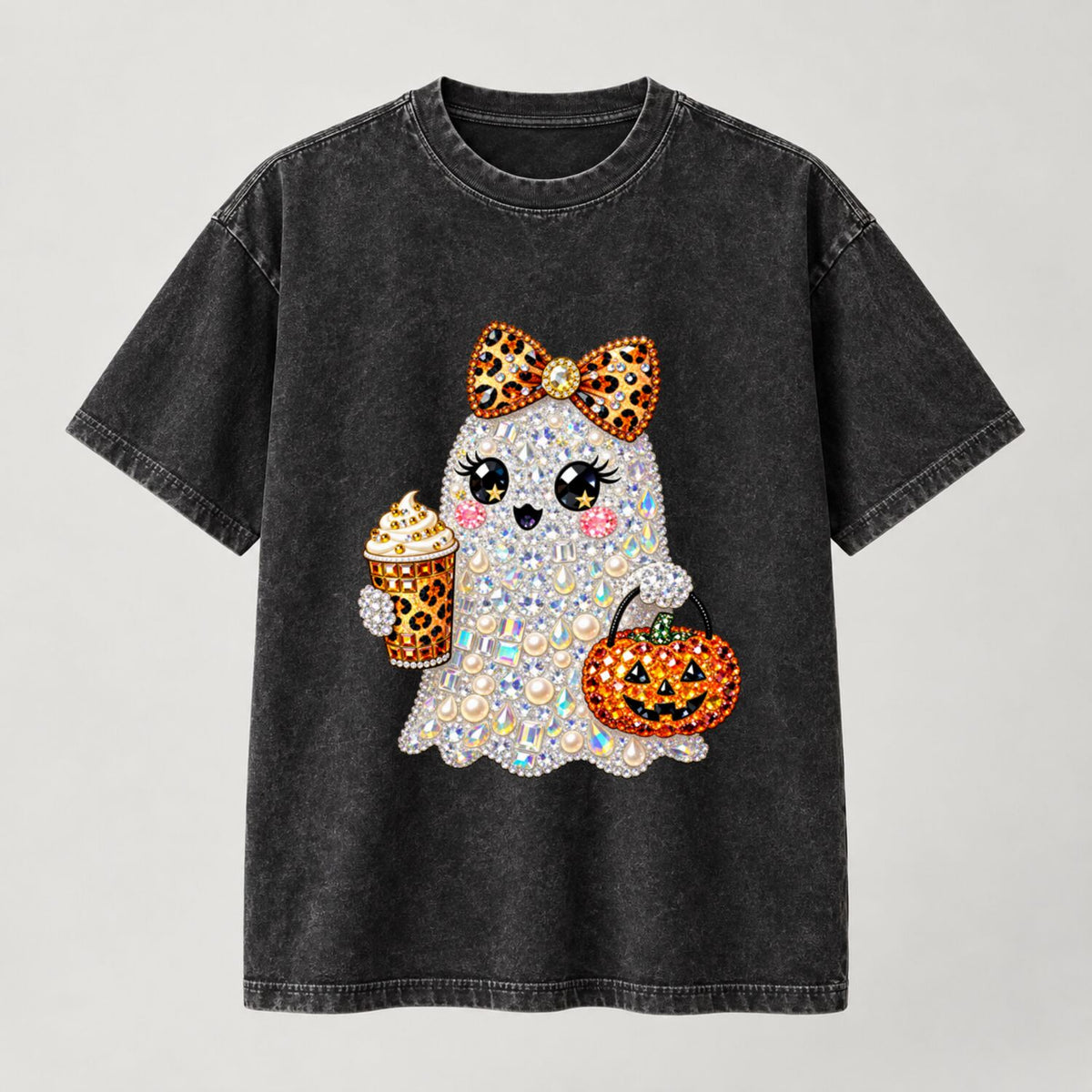 Coquette Ghost Halloween Rhinestone-Look Print T-Shirt/Sweatshirt/Hoodie – Cute Pearl Bow Pumpkin Coffee Graphic Tee