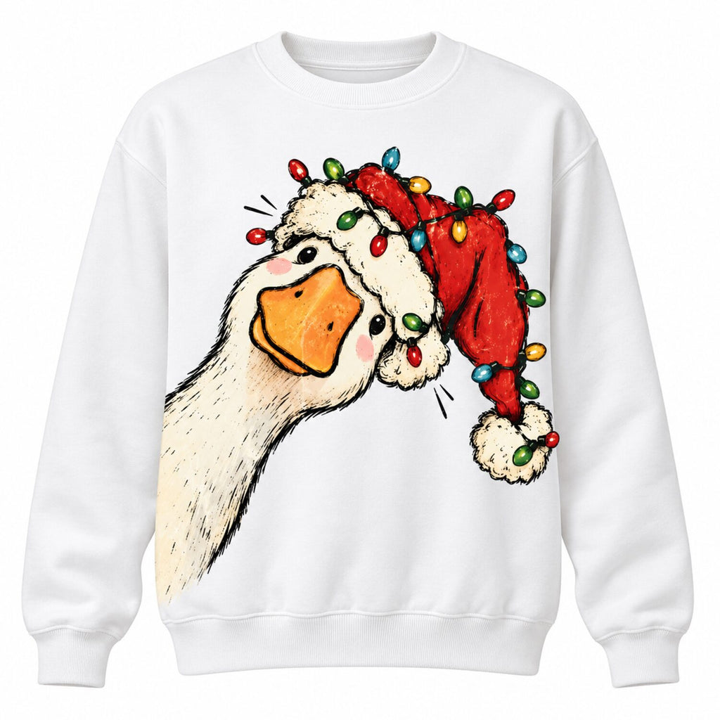 Funny Christmas Goose Sweatshirt/Hoodie/T-Shirt – Cute Santa Hat & Holiday Lights Graphic Crewneck, Festive Green Pullover for Women