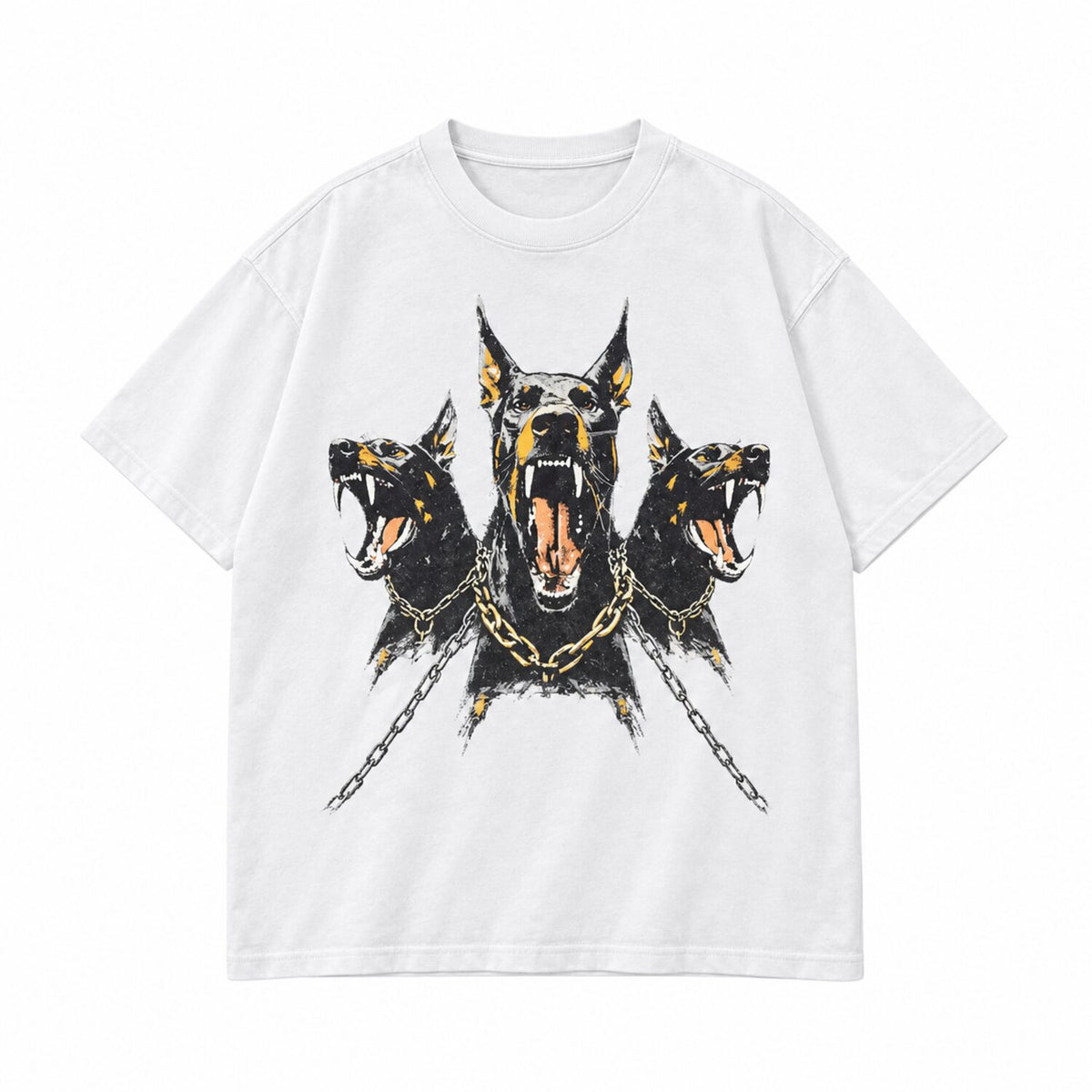 Vintage Washed Doberman Graphic Tee – Oversized Dark Streetwear T-Shirt/Sweatshirt/Hoodie with Distressed Chain Print