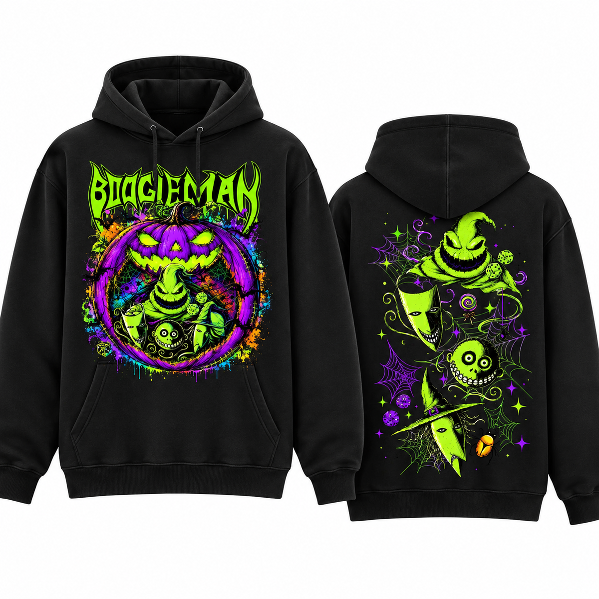 Boogeyman Halloween T-Shirt/Sweatshirt/Hoodie – Neon Spooky Character Front & Back Graphic Tee